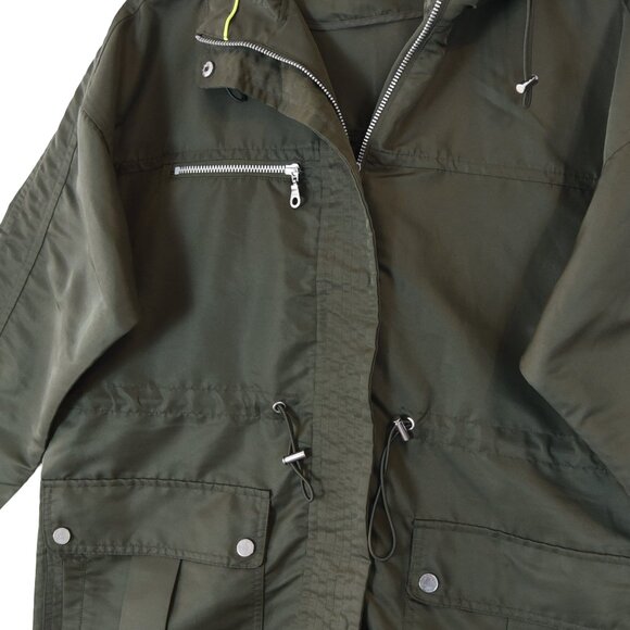 Whistles Olive Green Parka Coat M Hooded Utility Zip Pockets Minimalist Gorpcore - Picture 4 of 11